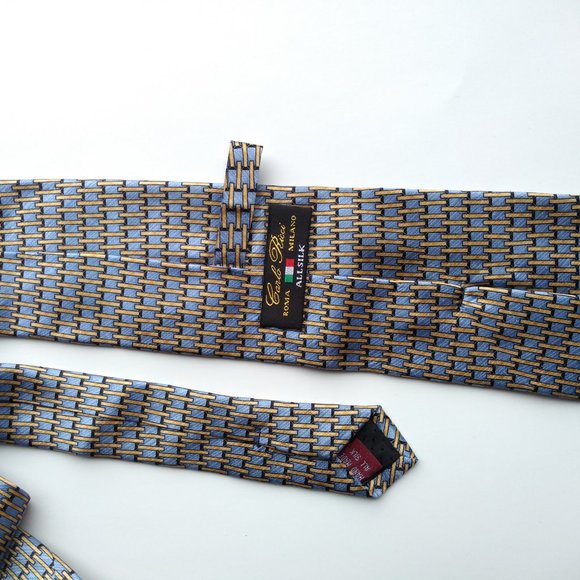 Carlo Ricci Blue, Yellow Gold & Black Rectangular Pattern 100% Silk Tie - Picture 3 of 5